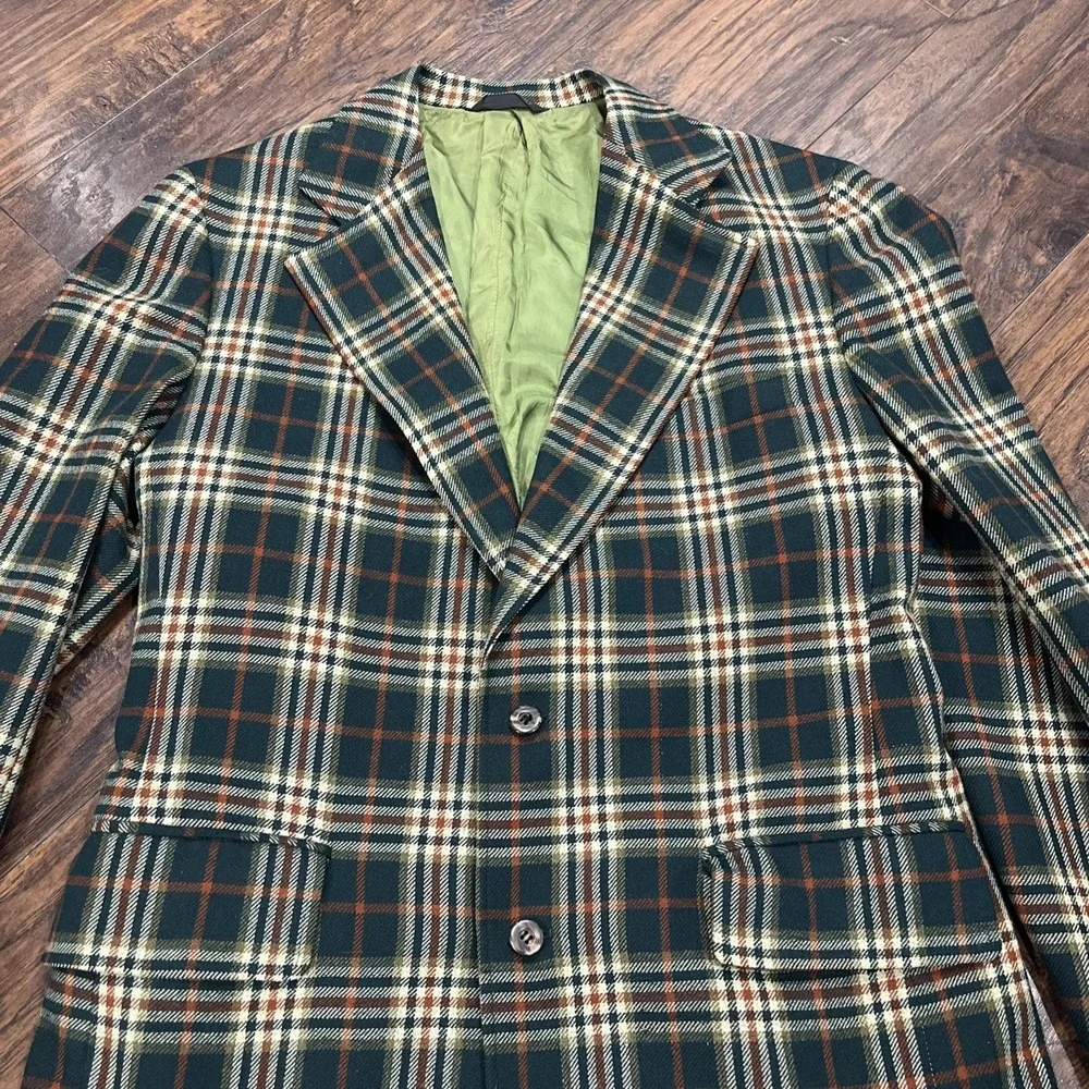 Vintage Cricketeer Blazer Sport Coat Mens 40R Green Orange Plaid Jacket 70s